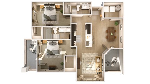 a 3d floor plan with 2 bedrooms and living room at Cuvee, Glendale, 85305